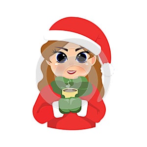 Ð”Ð»Ñ Ð˜Ð½Ñ‚ÐµÑ€Ð½ÐµÑ‚Ð° Girl drinks coffee in a New Year\'s hat. On white background.